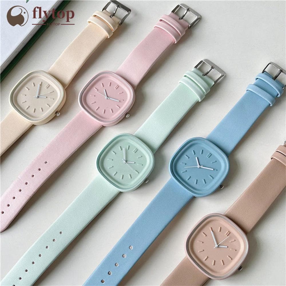 FLYTOP Relógio Macaron Color Square Moda Criativa Multicolor PU De Quartzo Com Banda A8V8