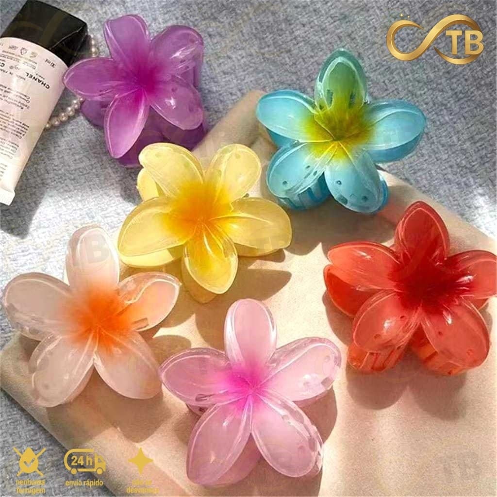 TB Moda Feminina Piranha de Flor Grande Transparente Colorido Frangipani Agarrar Acessórios Cabelo
