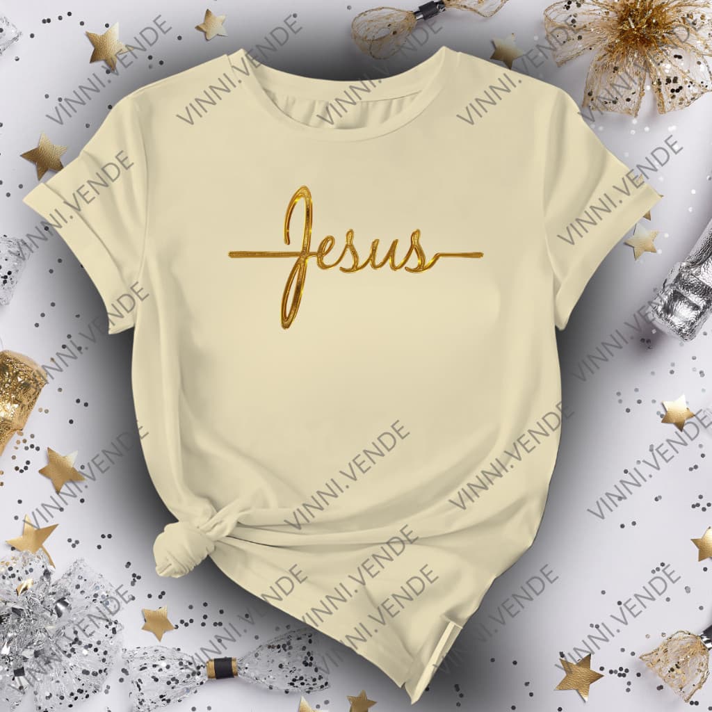Camiseta Unissex Religiosa Cristã Jesus Estampa Dourada 100% Algodão Ano Novo