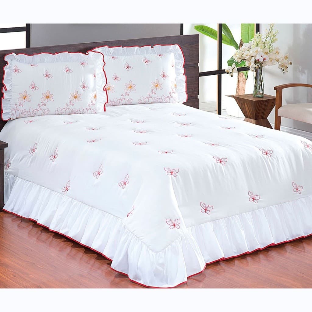 Kit Cobre Leito Colcha Casal Queen 3 Peças Butterfly Bordada com Babado Borboletas