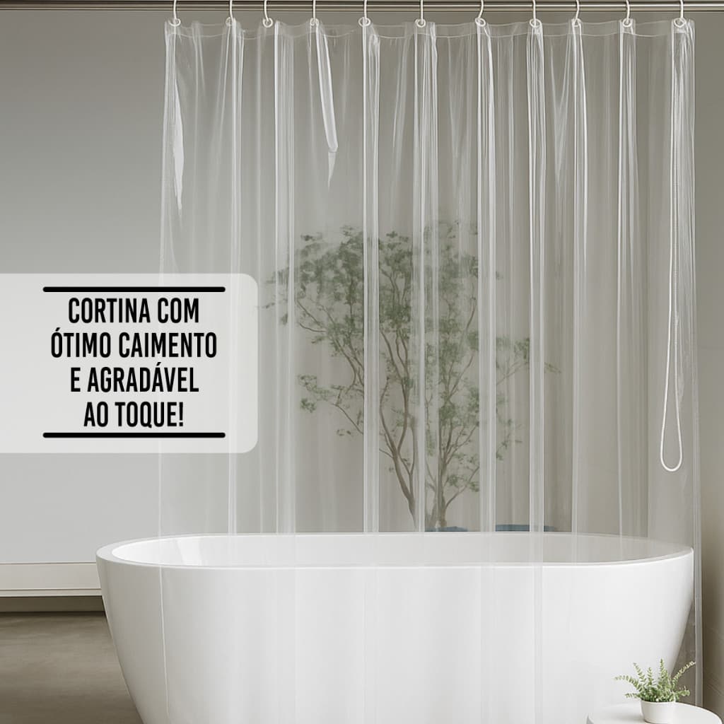 Cortina Para Box De Banheiro Transparente Cristal 2m x 1,38m c/ Ganchos Antimofo Resistente