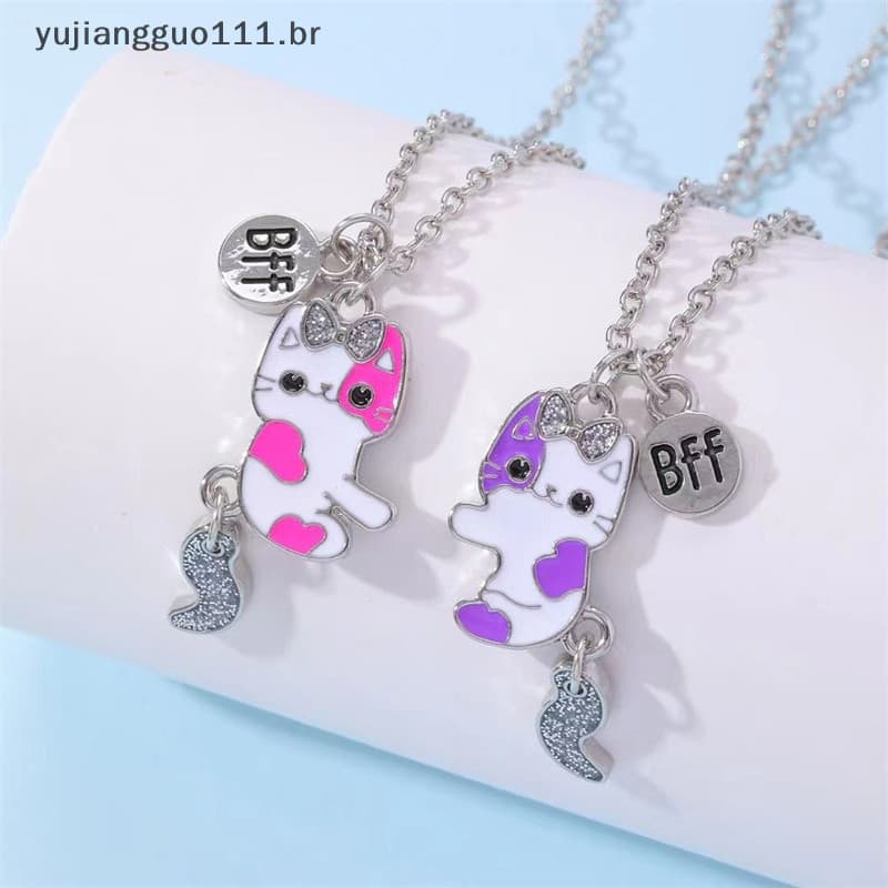 # BR 2Pcs/set Cartoon Cat Shape Pendant Chain Colar De Amigos BFF Amizade Jóias Infantis Para Meninas .
