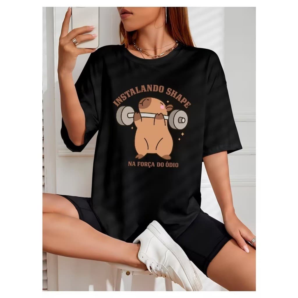 Camiseta Feminina T-Shirt Algodão Premium Capivara Fitness Estilosa