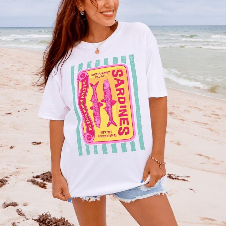 Camiseta Premium em Algodão Puro]SISI Camiseta Feminino Sardinhas de inspiração vintage Blusa Unissex Algodão Premium