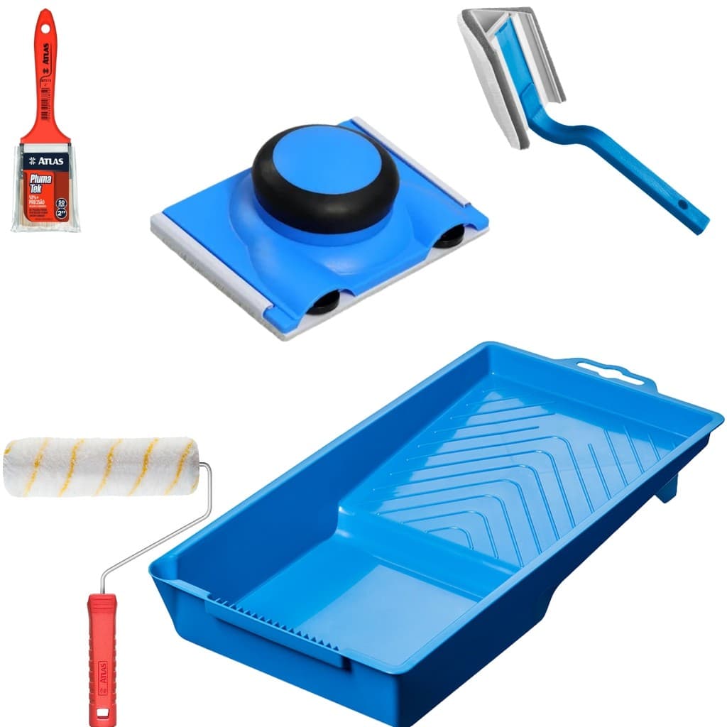 Kit Pintura Pad Flocado Bandeja 250ml Trincha 50mm Rolo Médio 15cm Lã Antirespingo e Pad 90 Graus para Cantos Obra