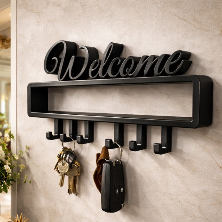 Porta-Chaves Decorativo Welcome com Ganchos Organizador de Parede Moderno para Hall de Entrada
