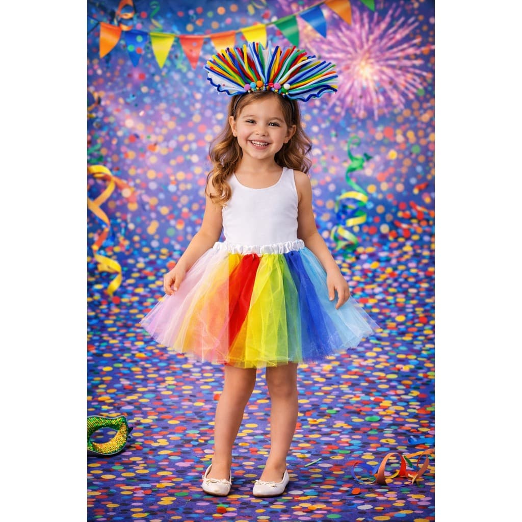 Fantasia Infantil Colorida Saia Tule Tiara Tubinho Cabelo Maluco Festa Escola Carnaval Menina