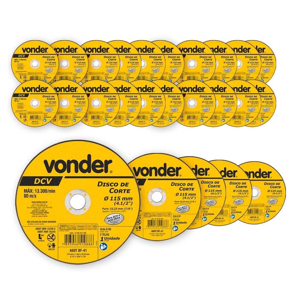 Kit 25 Disco De Corte 115mm X 1,0mm X 22,23mm Grão G60 Vonder