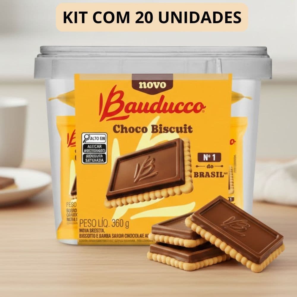 Choco Biscuit Bauducco Biscoito Coberto Chocolate Snack Lanchinho pote com 20 pacotes