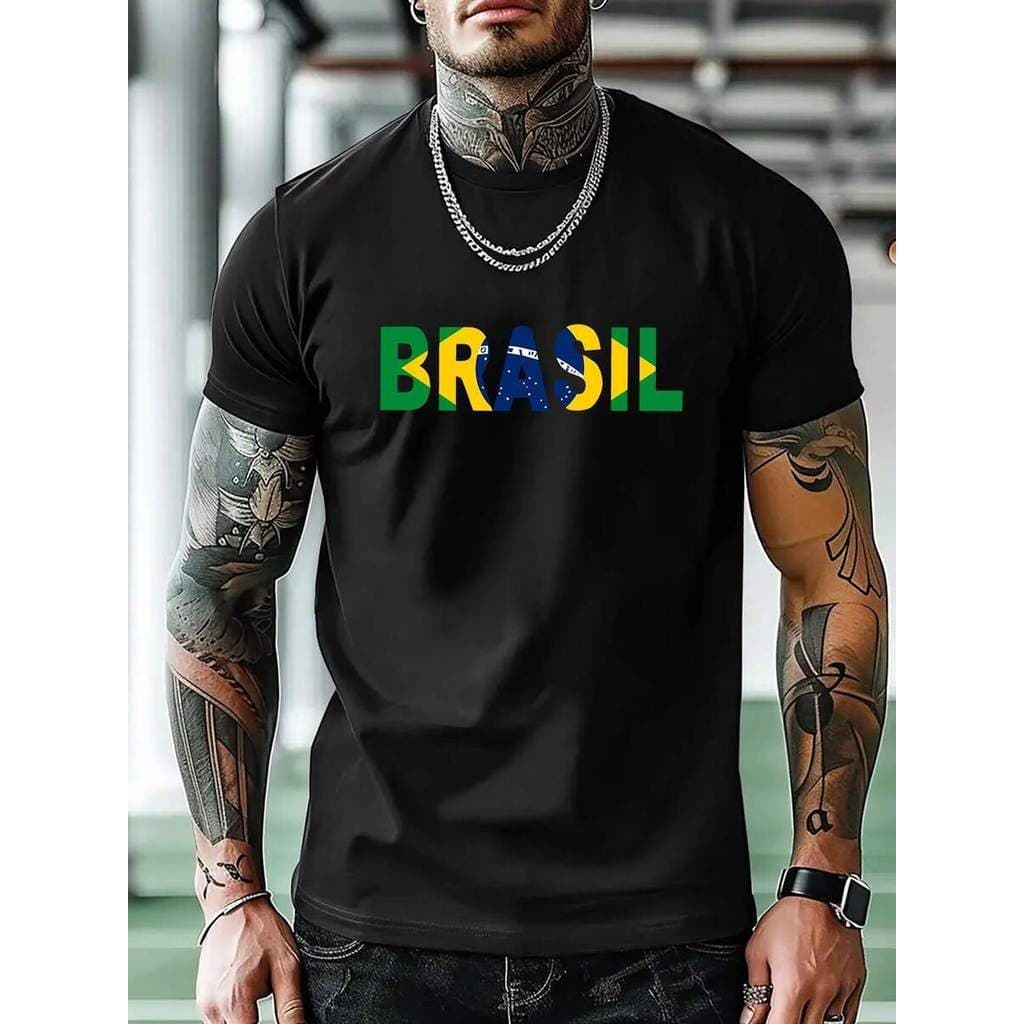 Camiseta Unissex 100% Algodão Estampa Bandeira do Brasil Manga Curta Gola Redonda Visual Casual Verão Toque Macio