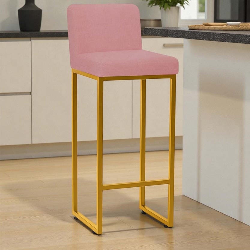 Banqueta Andy Moderna Ferro Dourado Estofado Suede Rose