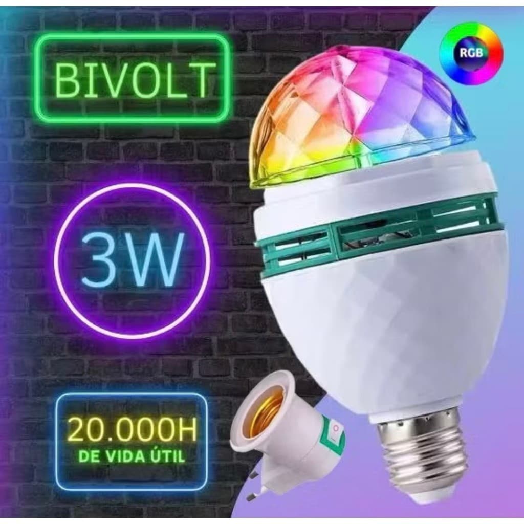 Lâmpada Giratória Colorida Led Bola Maluca Rgb + Adaptador Tomada Festas Baladas
