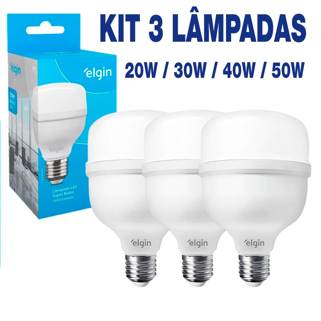 Kit 3 Lâmpadas Led Bulbo Elgin Alta Potência 20w 30w 40w  50w Luz Branco Frio 6500k Bivolt 110v/220v