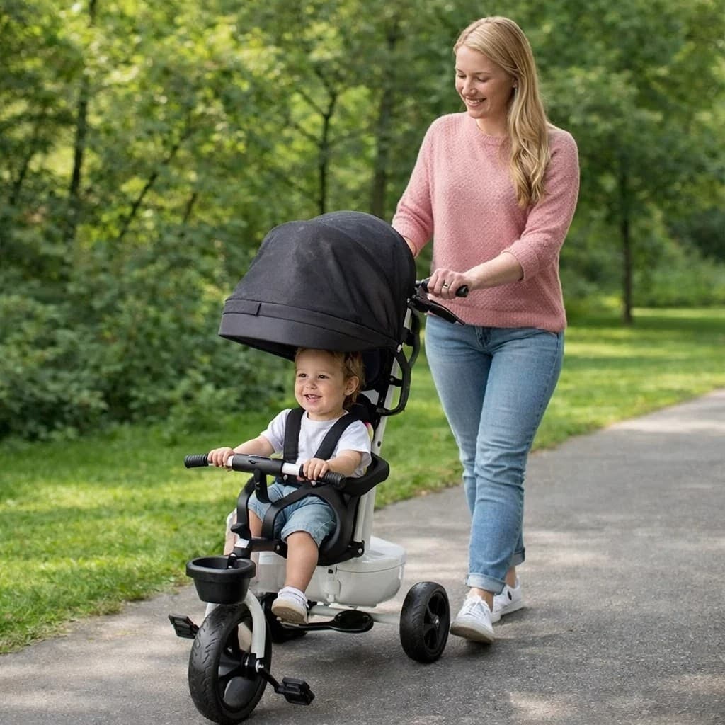Triciclo Bebê Empurrador Conforto Proteção Sol Cesta Passeio Andador Criança Veículo Motinha