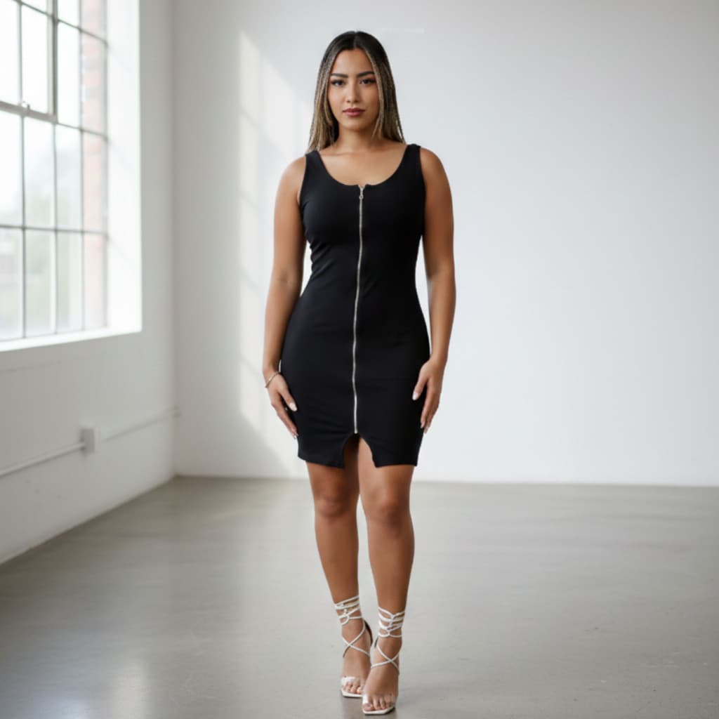 Vestido Midi Canelado 3 em 1 Regata Tubinho com Ziper Prata