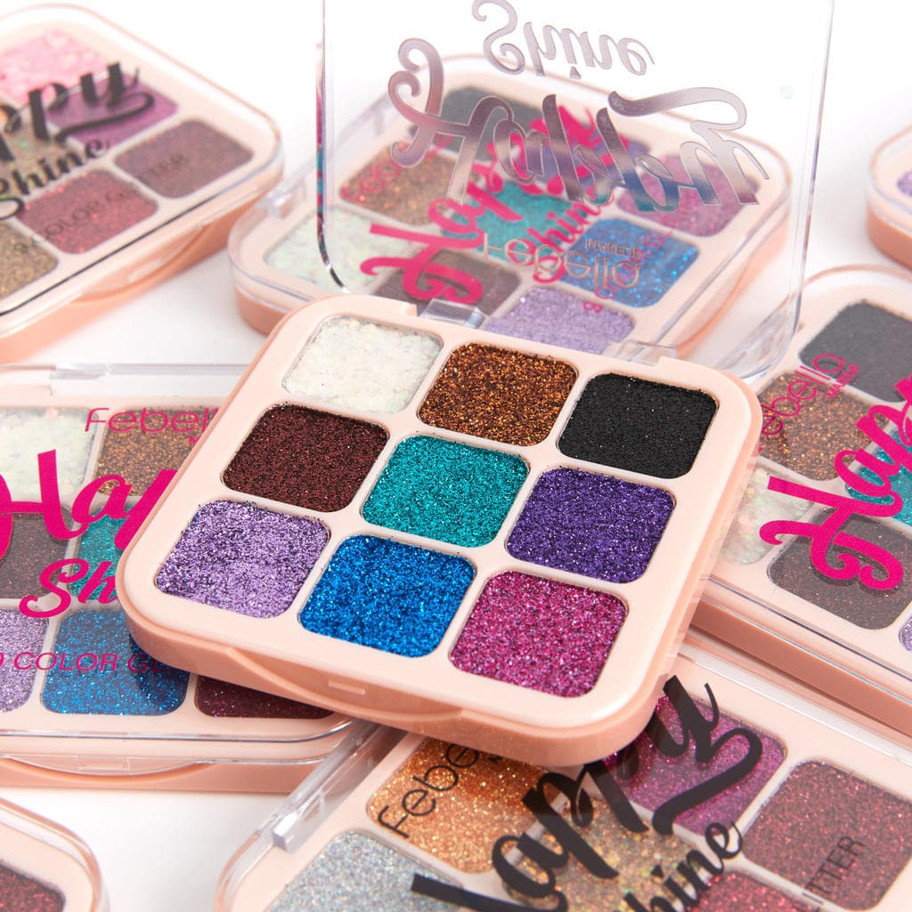 PALETA HAPPY SHINE GLITTER PRENSADO 9 CORES ALTA FIXAÇÃO – FEBELLA MAKEUP