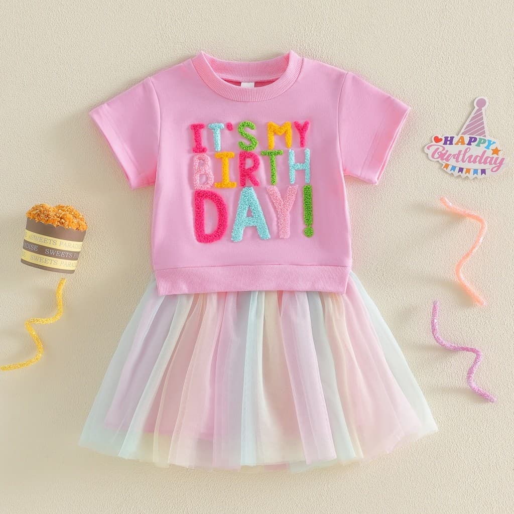 Vestido De Aniversário Para Meninas Com Letras Bordadas , Manga Curta , Gola Redonda , Tule , Patchwork