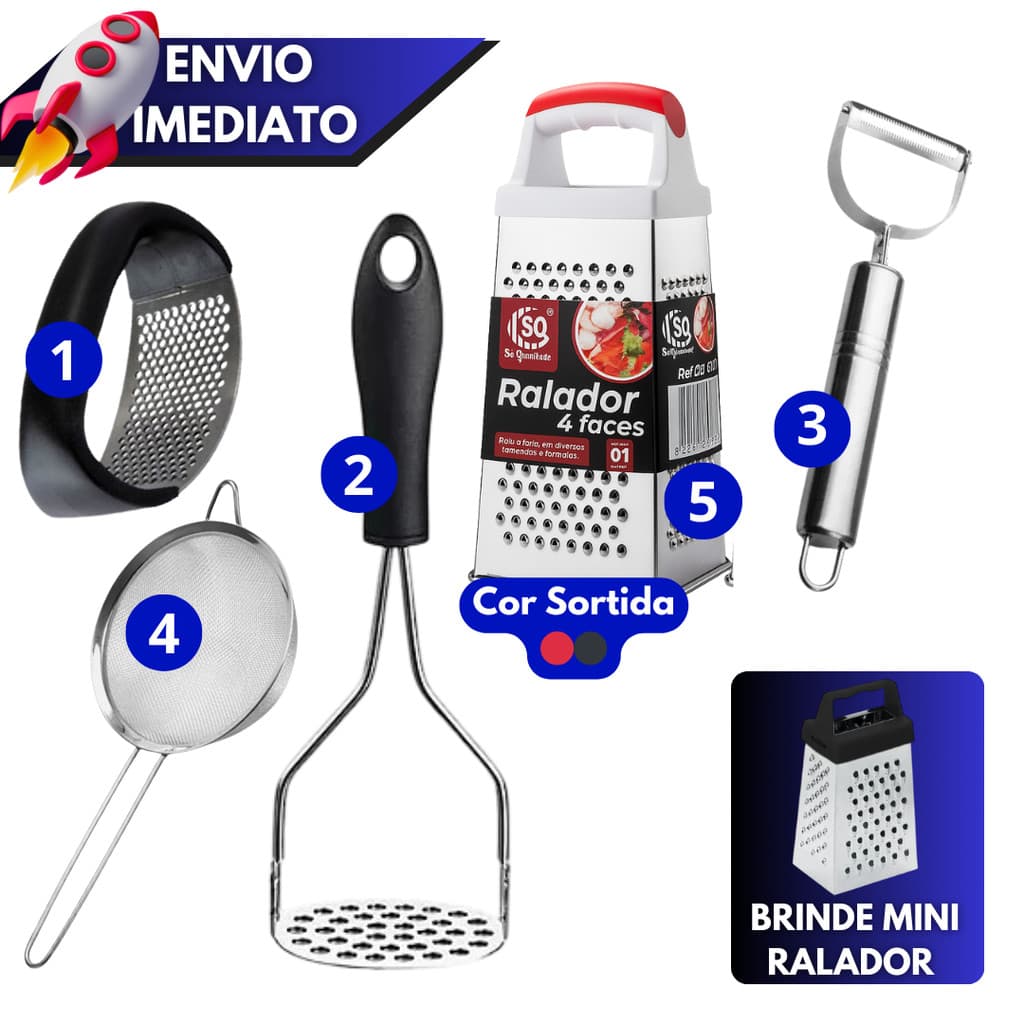 Kit 2/3/4/5 Peças - Conjunto Amassador Batata/Amassador Alho/Descascador/Ralador/Peneira Cozinha