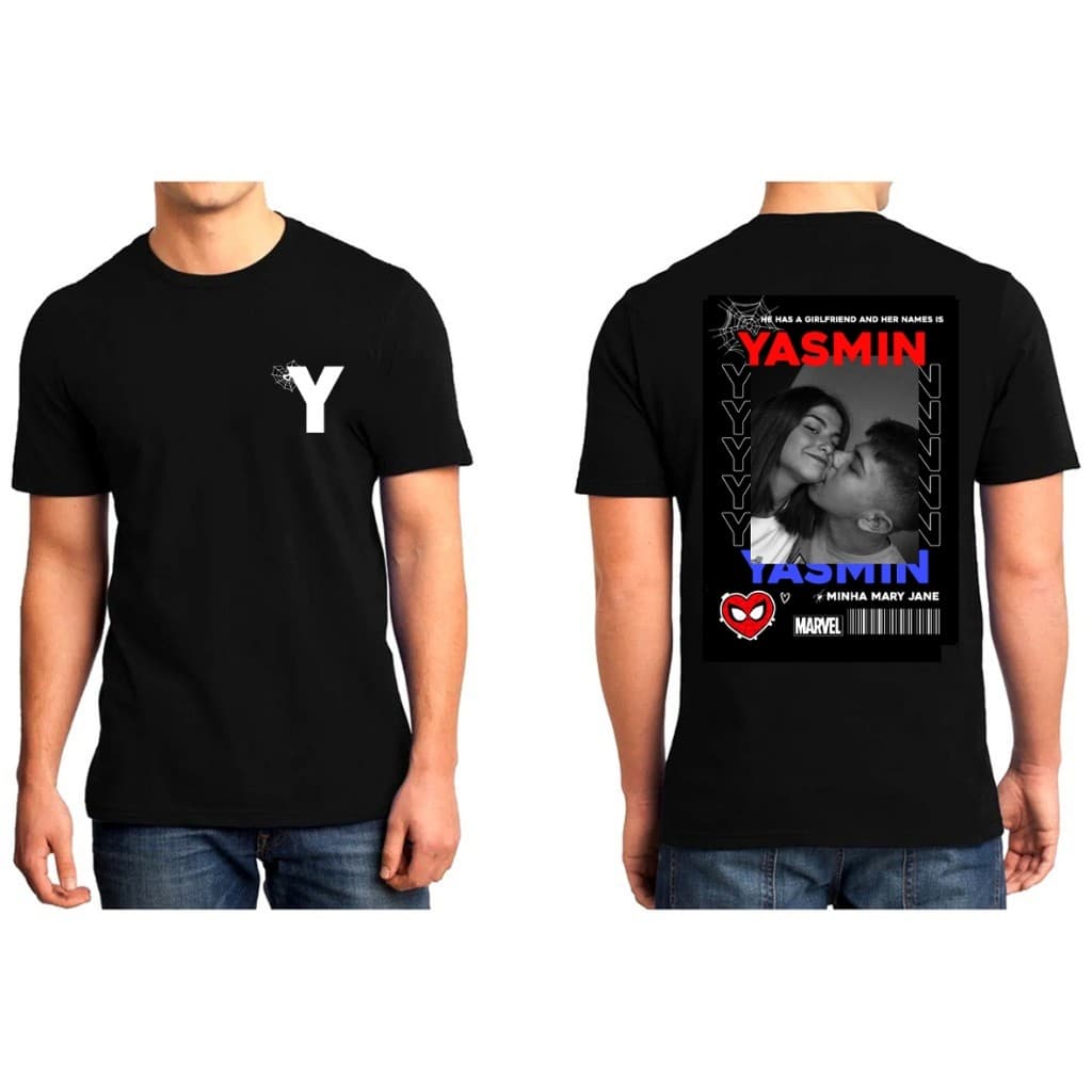 Camiseta Casal SPIDERMAN HOMEM-ARANHA com nome e inicial namorada frente e verso preta blusa, casal