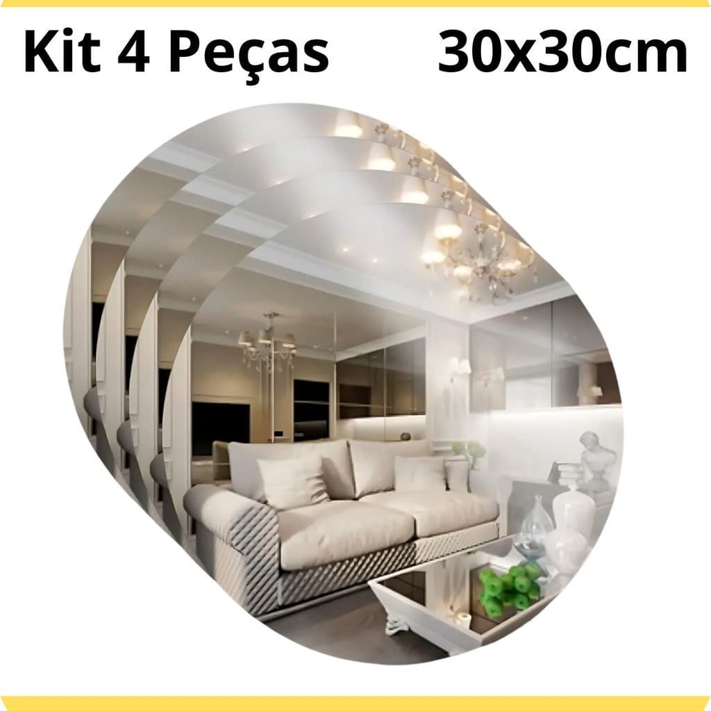 Kit 4 Espelhos Decorativo Redondo 30x30cm Acrílico Seguro com Adesivo para Paredes, Móveis e Banheiro