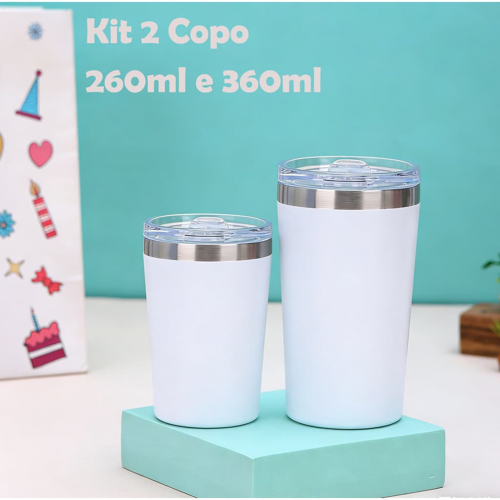 kit 2 Mini Copo Aço Inox térmico com tampa Acrílico 350ML e 260ML