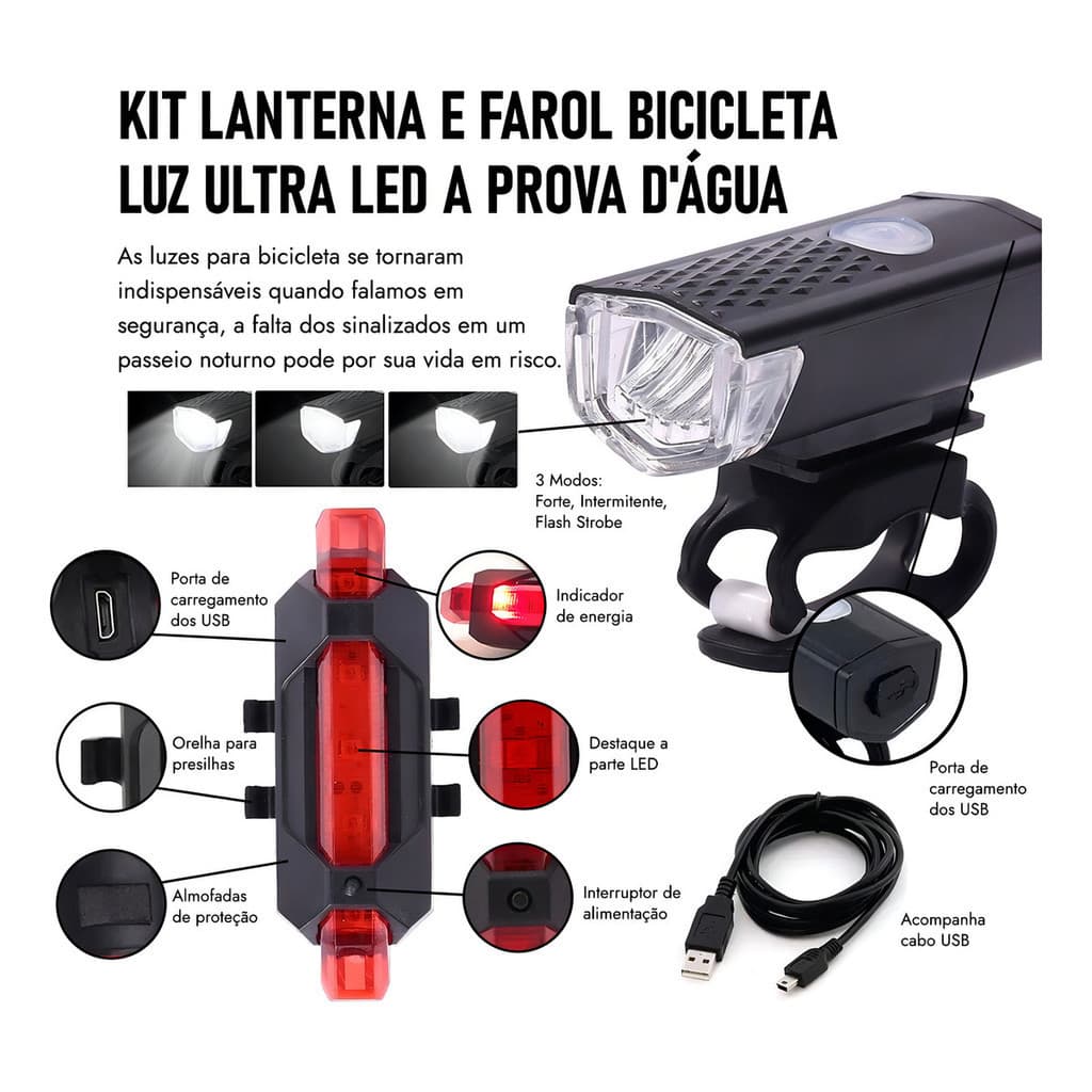 Kit Lanterna e Farol para Bicicleta LED 300 Lúmens Recarregável à Prova d’Água