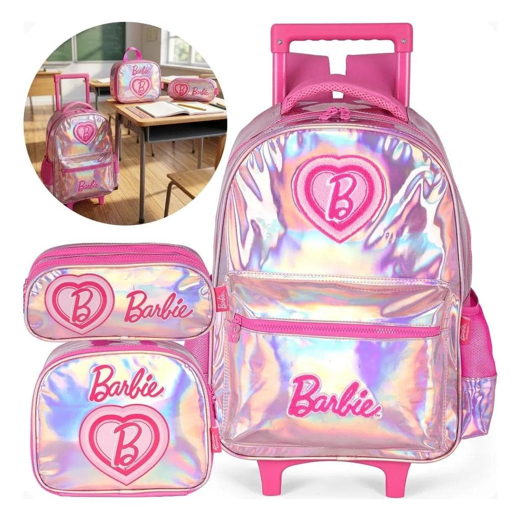 Kit Mochila De Rodinhas Barbie + Lancheira Térmica + Estojo Grande Escolar Infantil Reforçada Rosa Holográfica Luxcel