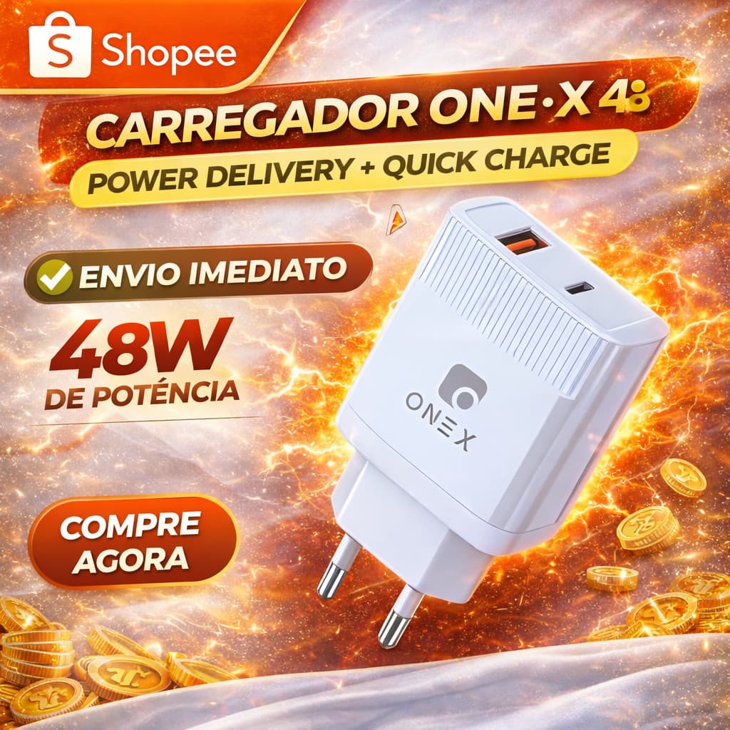 Carregador Tipo C 48W Turbo ONE·X Duas Entradas USB-C e USB Tipo A Bivolt