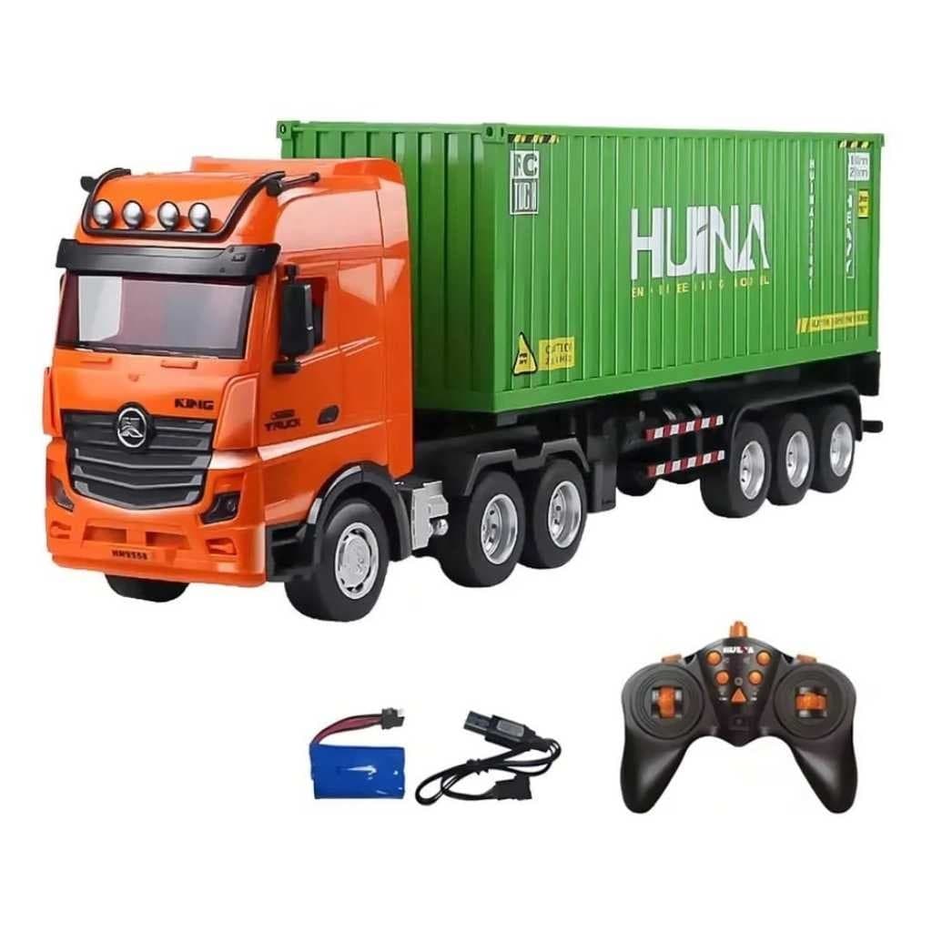 Caminhão Reboque Container Huina 1317  Controle Remoto 1:18 Cor Laranja E Verde