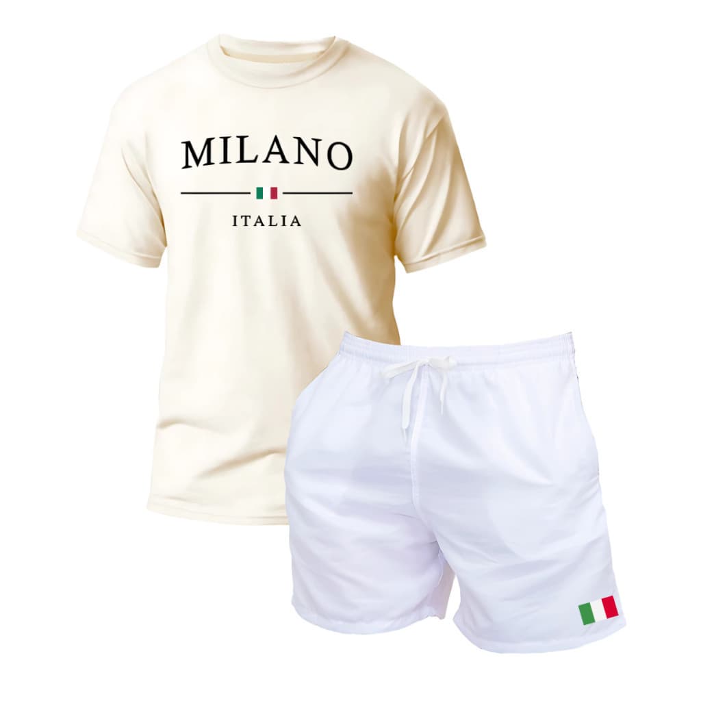 Conjunto Camiseta Masculina Básica Milano Italia + Short Tactel Praia Mauricinho Corrida Verão