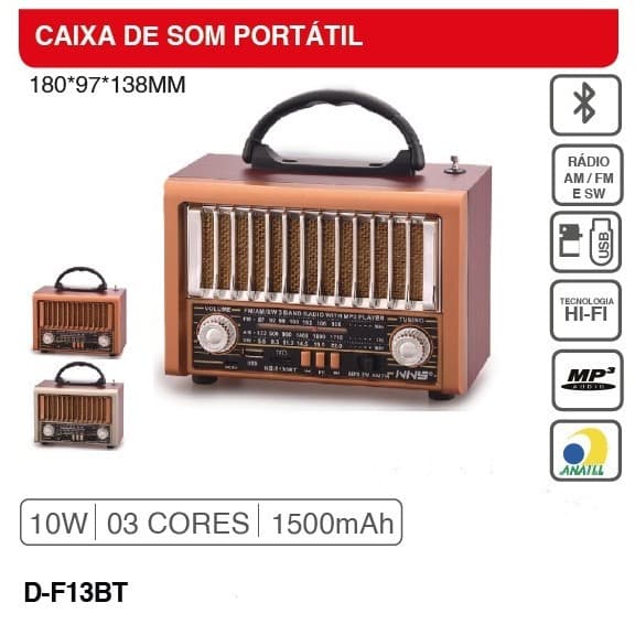 Rádio retro portátil grasep AM/FM/SW 10W RMS D-F13BT