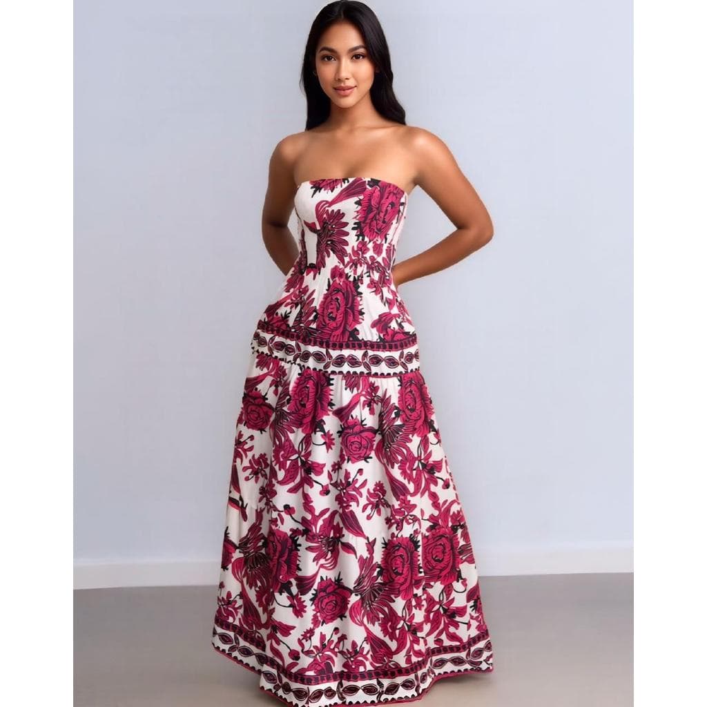 Vestido Estampado Longo Elastex Verão 2026 Vestido Tomara que Caia Vestido florido inspiração F Feminino