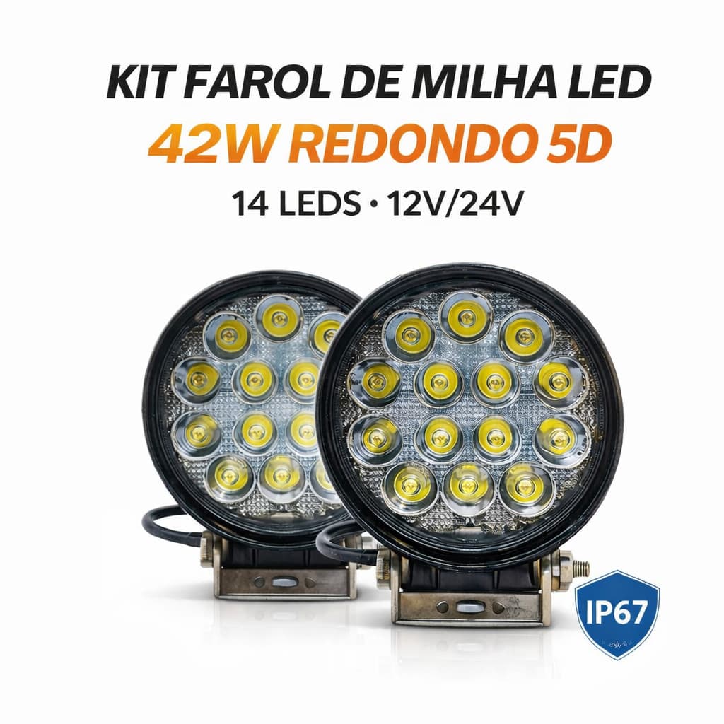 Kit Farol De Milha Led 1 ou 2 Unid 42w Redondo Lente 5D 14 Leds à Prova D'água Bivolt Offroad Caminhão Jeep Moto