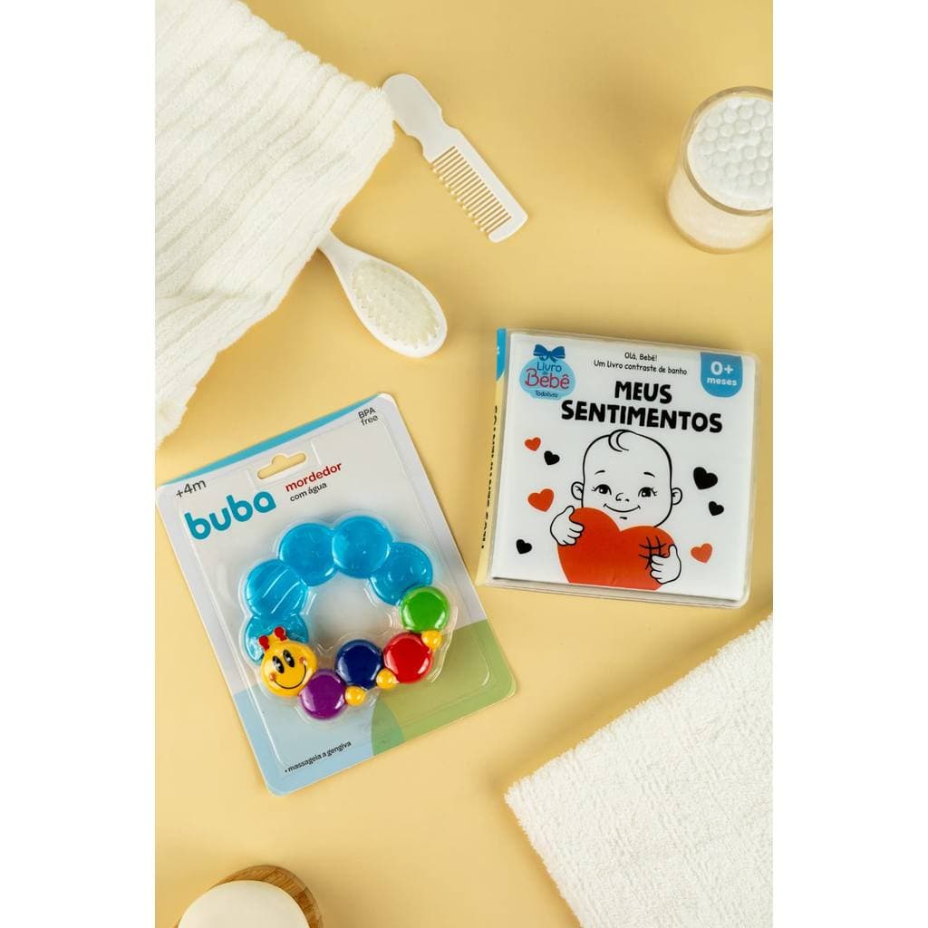 Kit Bebê Presente – Livro de Banho Meus Sentimentos (contraste) + Mordedor Centopeia | Brinquedo Sensorial para Bebês