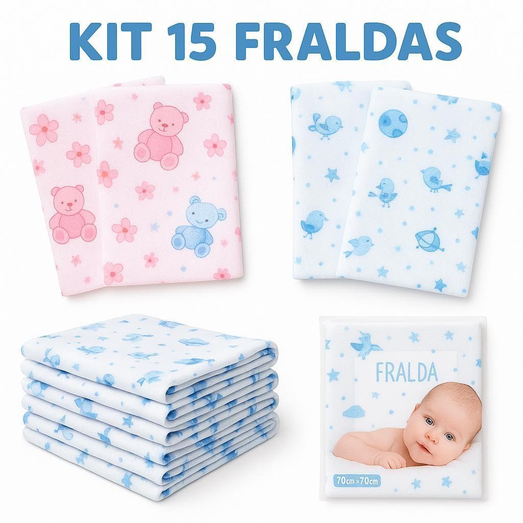 Kit 15 Fraldas de Pano 100% Bebe Minasrey Menino, Menina E Unissex GNT Premium