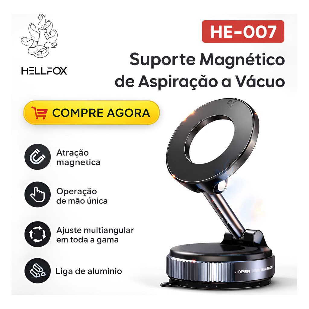 Suporte Magnético 360° Hellfox Nova Versão | Adsorção Nano Cola Premium | Fixação Forte Liga de Alumínio para Celular