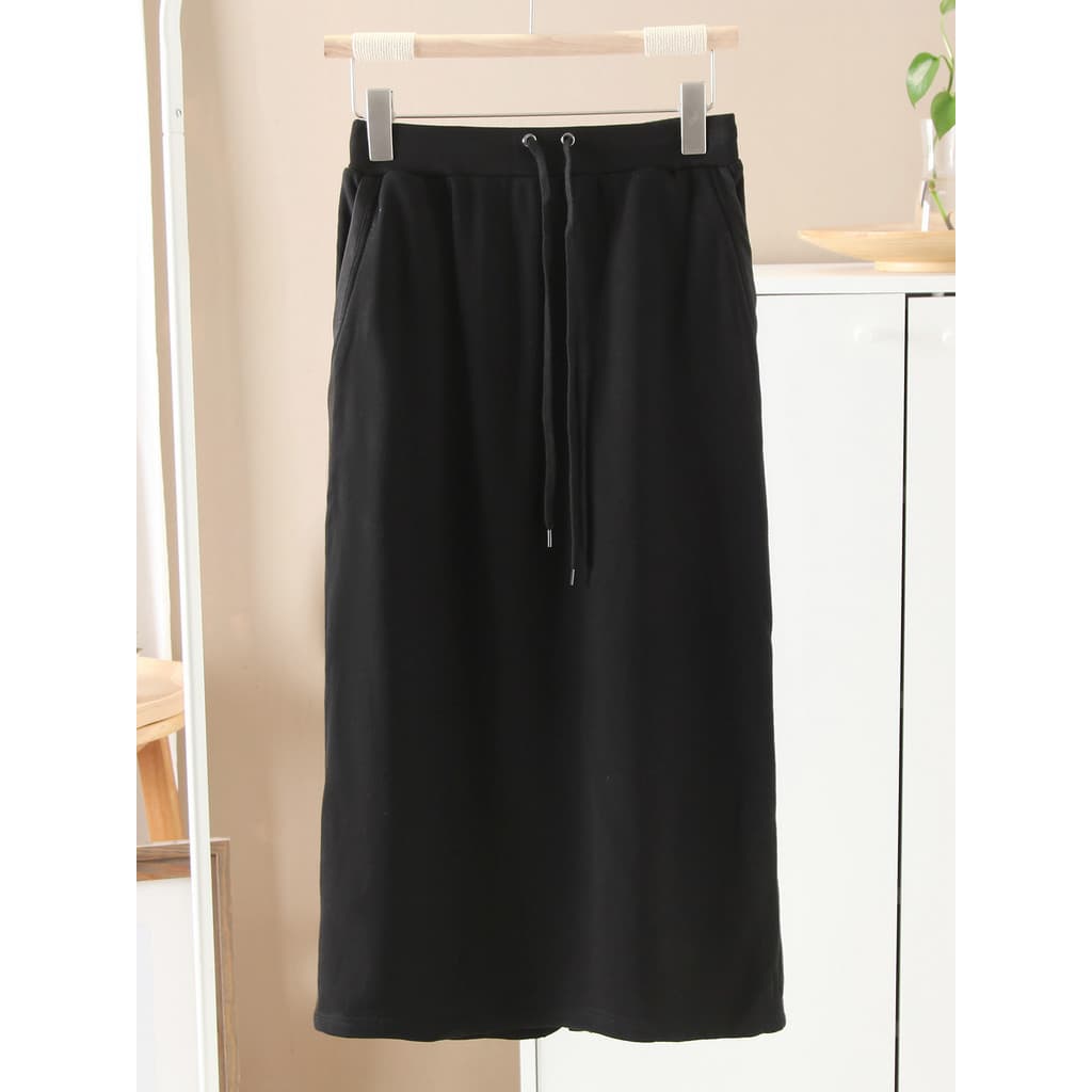 2026 primavera novo produto preto cintura elástica cordão saia feminina comprimento médio solto Drape Casual mais magro