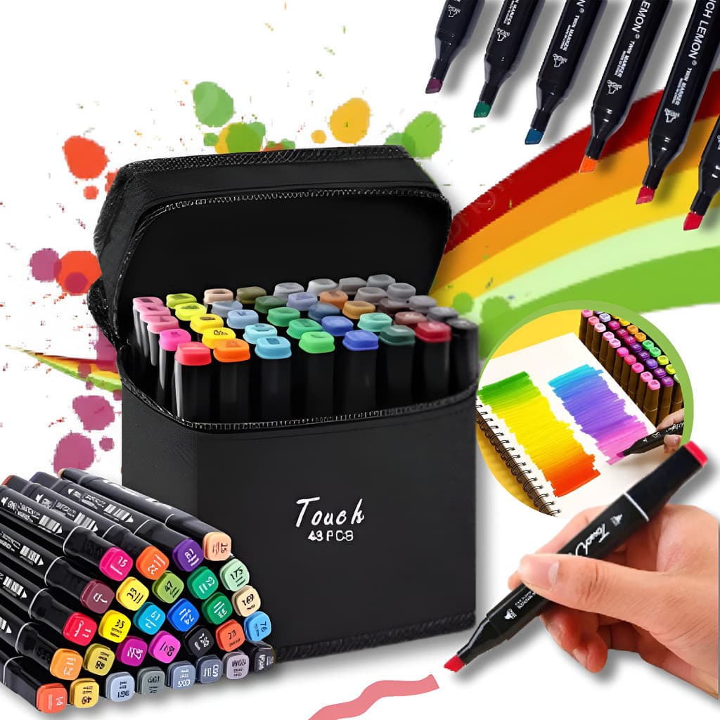 Kit Marcadores Touch Ponta Dupla Profissional Caneta Desenho Mangá Com Estojo