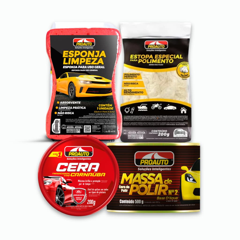 Kit Polimento Proauto Estopa + Esponja + Massa Polir + Cera