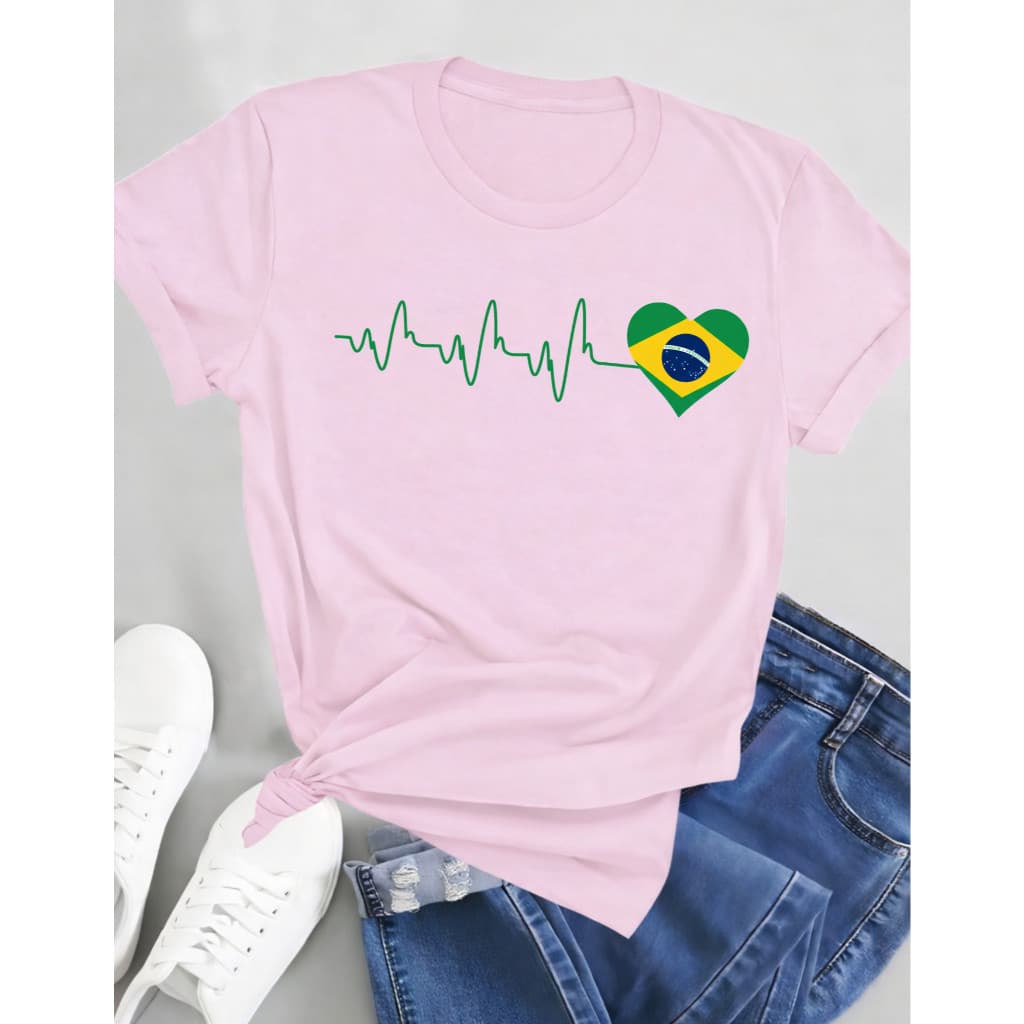 camiseta feminina brasil coração com batimento blusa algodão copa
