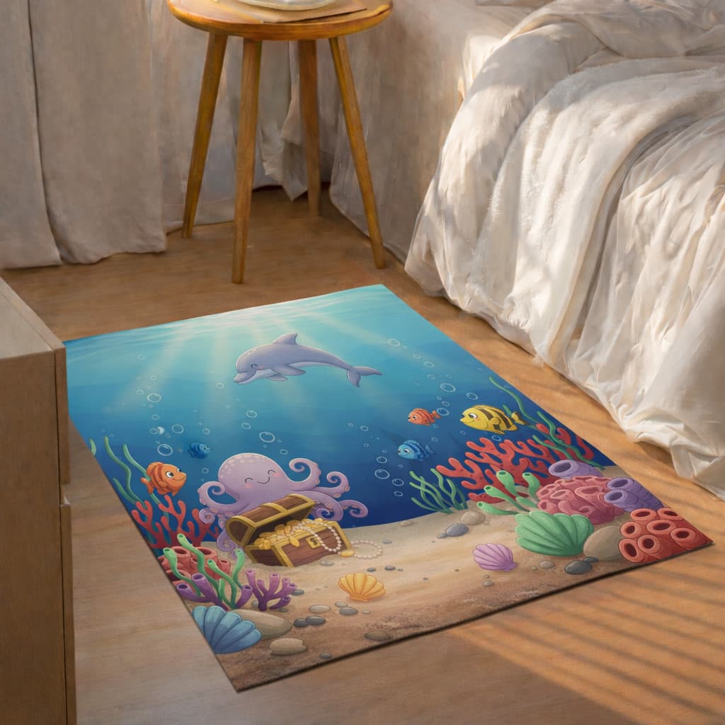 Tapete Decorativo 100x140cm Antiderrapante Sala, Quarto e Escritório Colorido Fundo do Mar Infantil