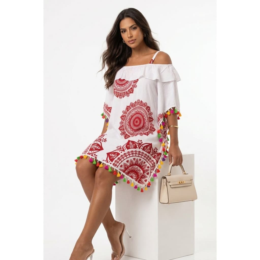 Vestido Curto Ombro a Ombro Boho Chic Estampa Mandala-#100735