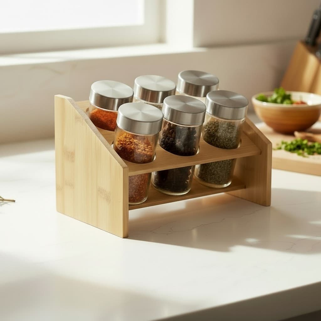 Porta Condimentos Temperos Suporte 6 Potes Cozinha Decoração Bambu