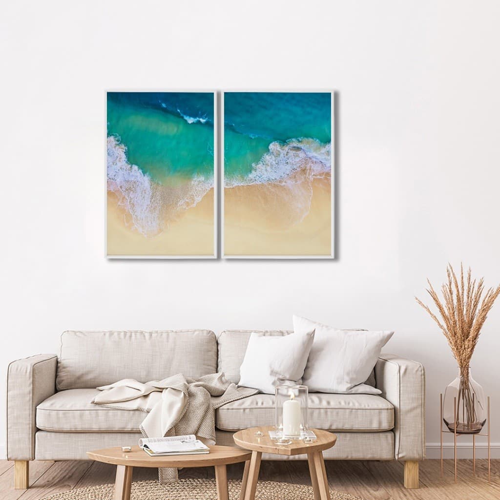2 Quadros Decorativos Paisagem Vista Aerea Praia com Belas Ondas Com Moldura Quarto Sala Escritorio