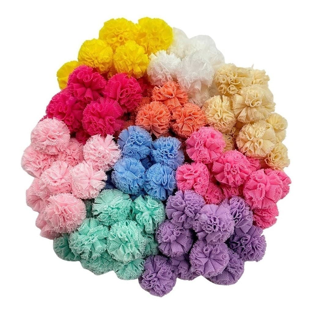 Kit 50 Pompom de Tule 25mm Cores Sortidas para Laços Tiaras Artesanato