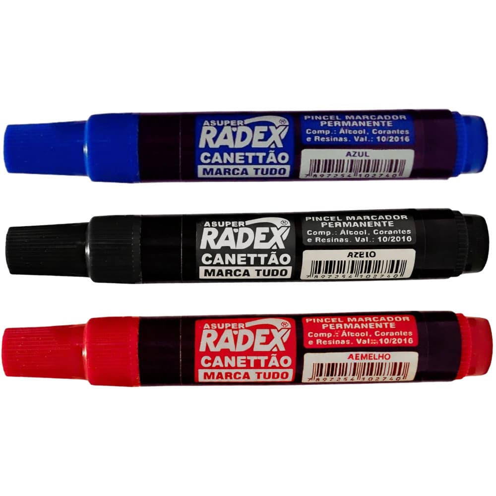 Kit 3 Marcador Permanente Radex Pincel Atómico Ponta Feltro Colorido Preto Azul Vermelho Profissional