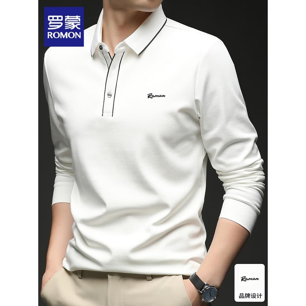 Lomon camisa polo de manga comprida masculina outono novo estilo na moda lapela branca camiseta negócios Casual Commuter