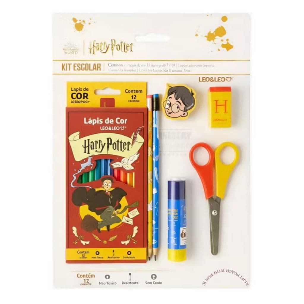 Kit Escolar Harry Potter 18 peças - lápis de cor, lápis, borracha, apontador, tesoura e cola