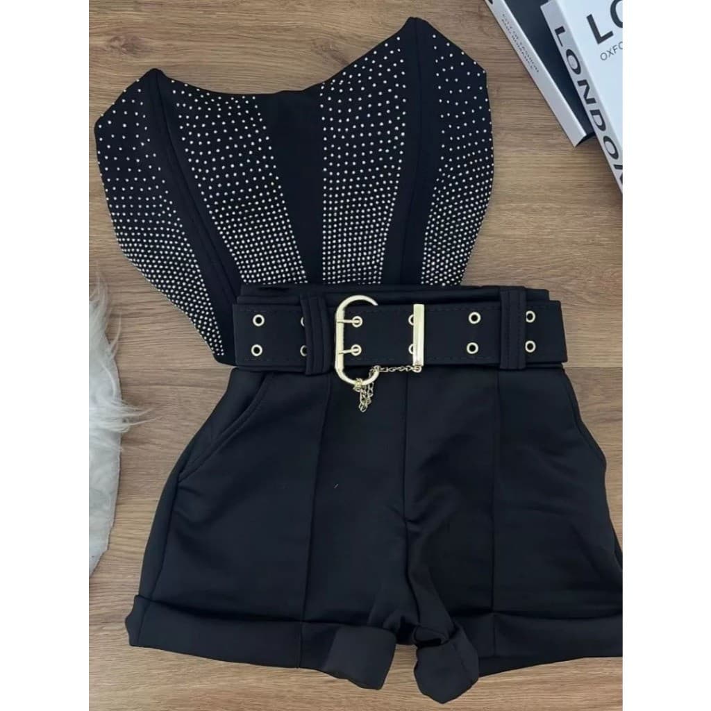 Conjunto Cropped Corset e Short Aplicação Strass Com Ziper