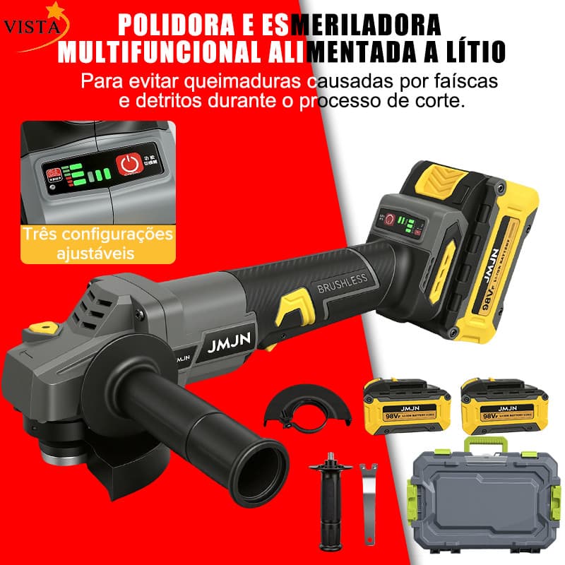 Polidora e Esmerilhadora Multifuncional 98V com Bateria de Lítio - Alta Potência, Sem Fio, 10.000 RPM VISTA